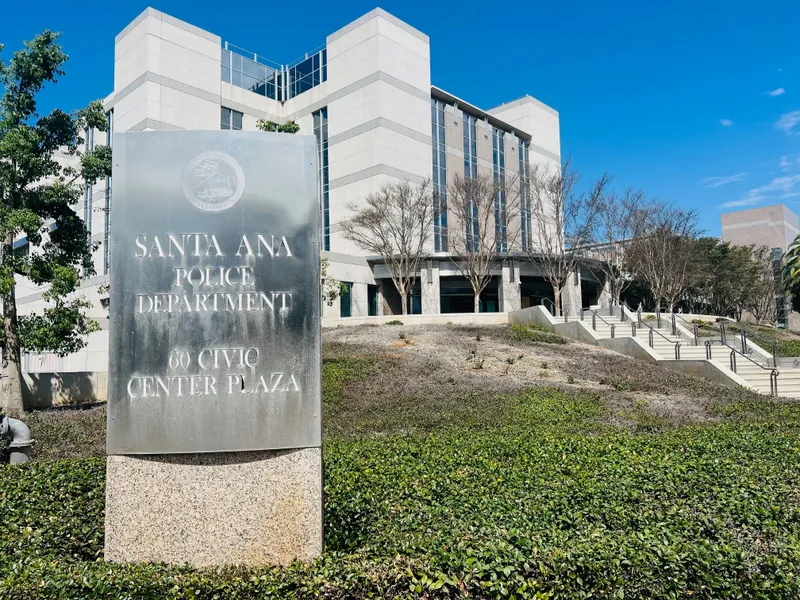 Santa Ana Police Department headquarters and its Civic Center Plaza sign